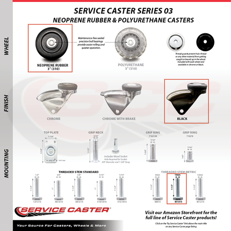 Service Caster 3 Inch Black Hooded Neoprene Rubber 10mm Threaded Stem Caster SCC-TS03S310-NPRB-BK-M1015